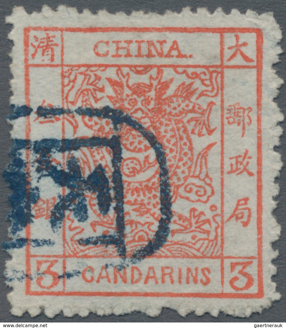 China: 1885, Large Dragon Thick Paper Rough Perfs. 3 Ca. Vermilion Canc. Blue Seal "Tien(tsin)" (Mic - Autres & Non Classés