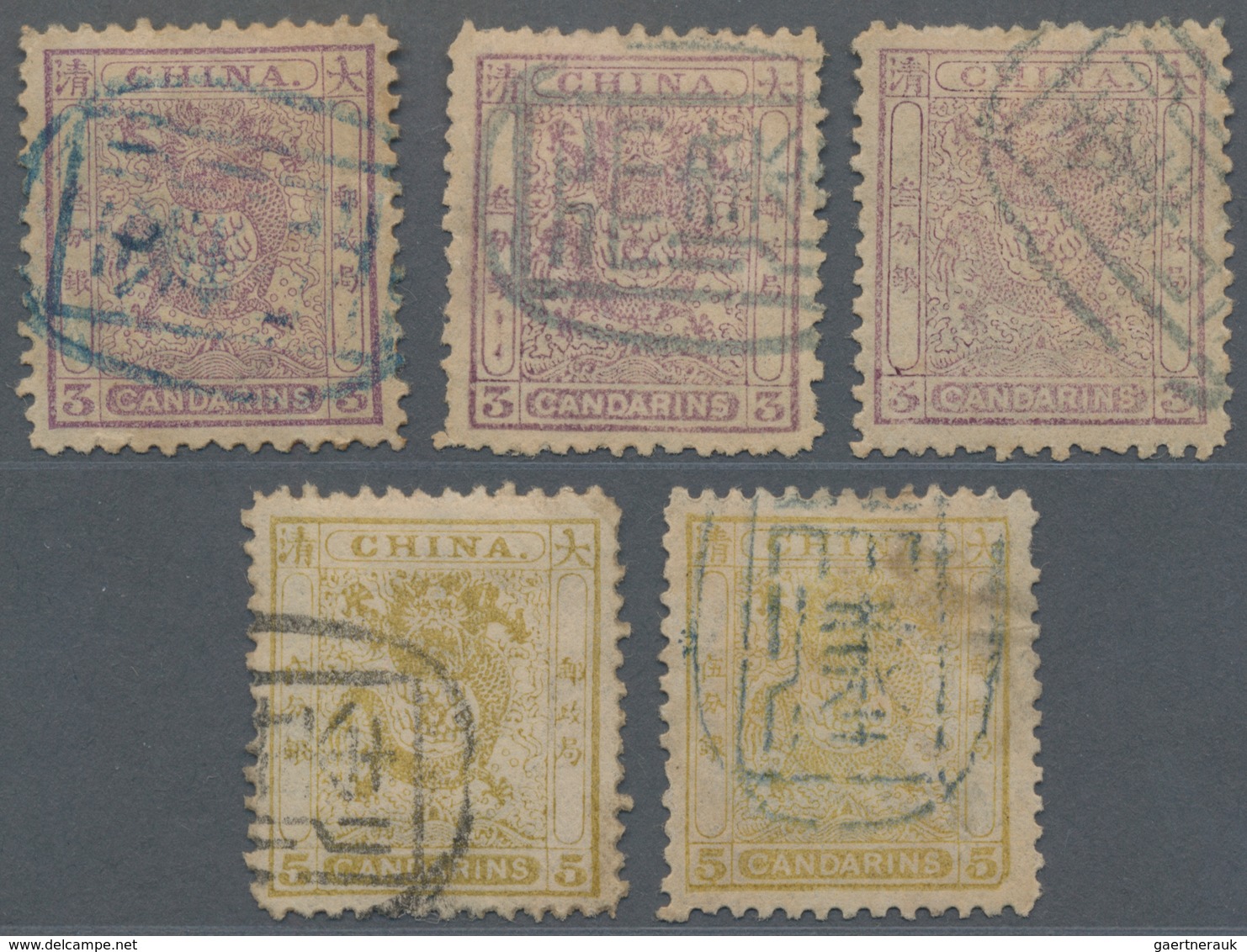 China: 1885/88, Customs Small Dragon Issue, Three 3cds And Two 5cds, Used With Blue And Black Tients - Sonstige & Ohne Zuordnung