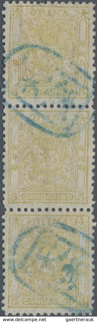 China: 1888, Customs Small Dragon Issue, 5cds Vertical Stripe Of Three, Used With Blue Tientsin Mark - Autres & Non Classés