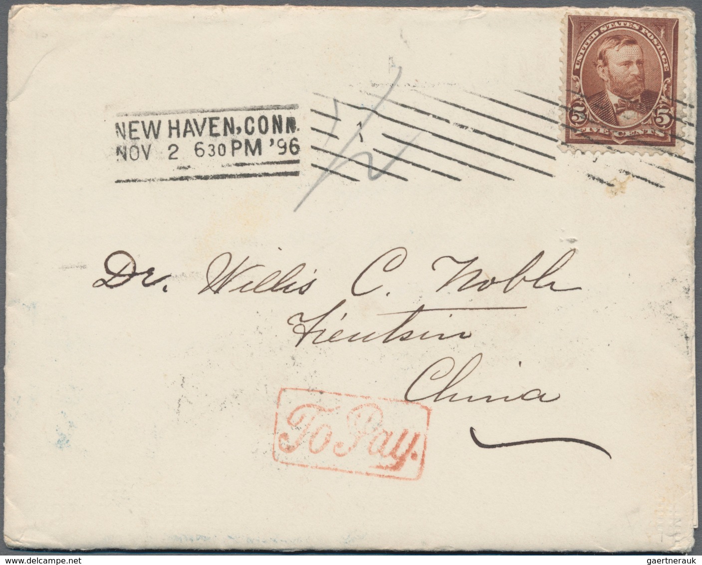 China: 1896, "To Pay": Vermilion Boxed "To Pay" In Running Script On Inbound Cover From USA To Tient - Autres & Non Classés