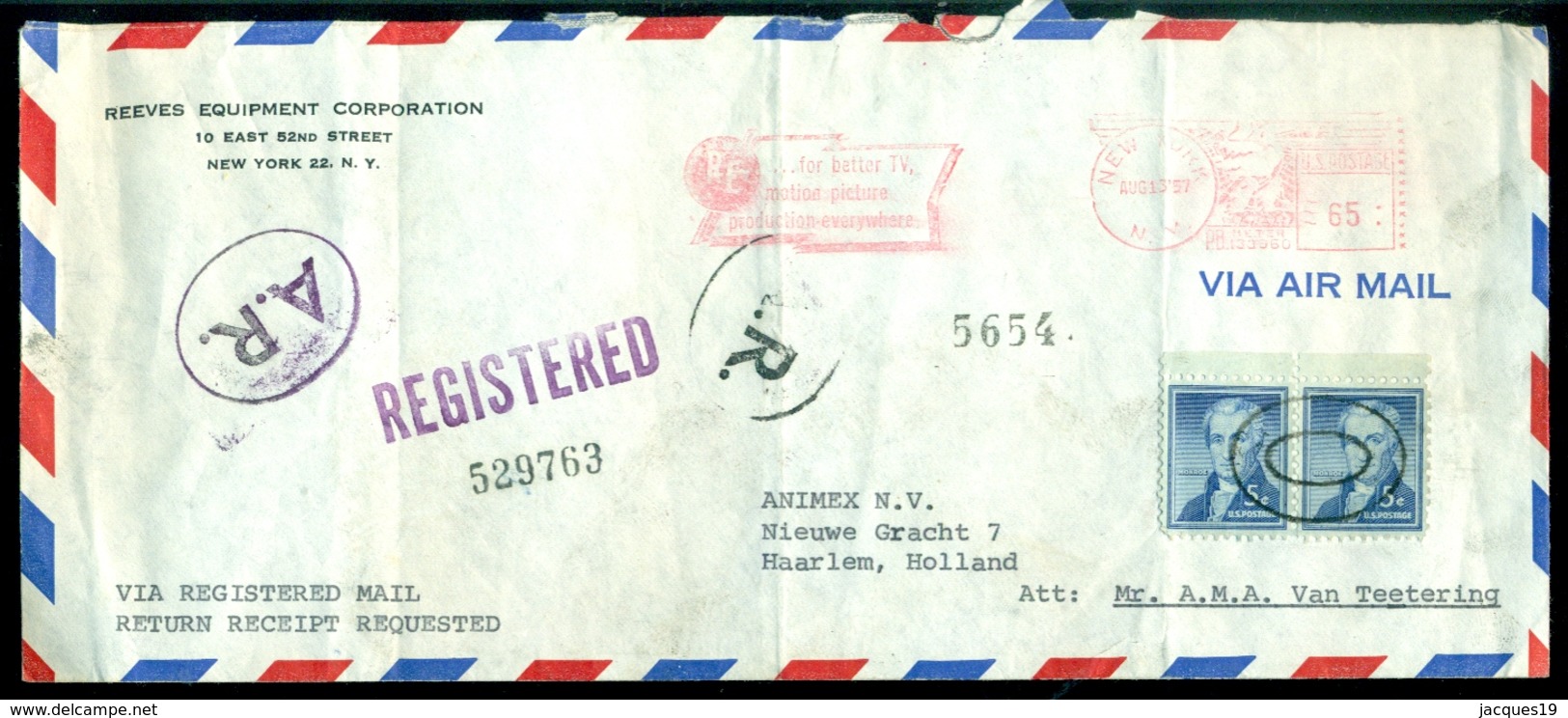 USA 1957 Registered Airmail Letter To Netherlands - 3c. 1961-... Lettres