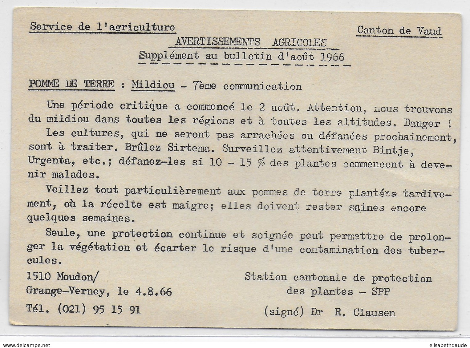 1966 - SUISSE - CARTE FRANCHISE OFFICIEL De La SPP à MOUDON (PROTECTION DES PLANTES - AVERTISSEMENT) => GLAND - Marcofilia