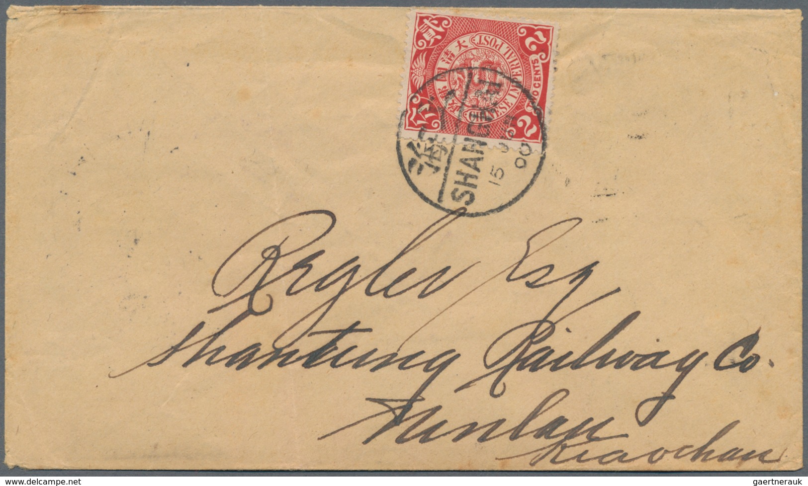 China: 1898, Tsingtau Chinese P. O. Tombstone Postmark Dated 1900: Coiling Dragon 2 C. Tied "SHANGHA - Altri & Non Classificati