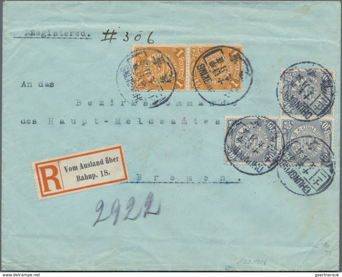 China: 1902/09, Coiling Dragon 10 C. Greyish-ultramarine 10 C. (3) And 1 C. Orange (pair) Tied Boxed - Autres & Non Classés