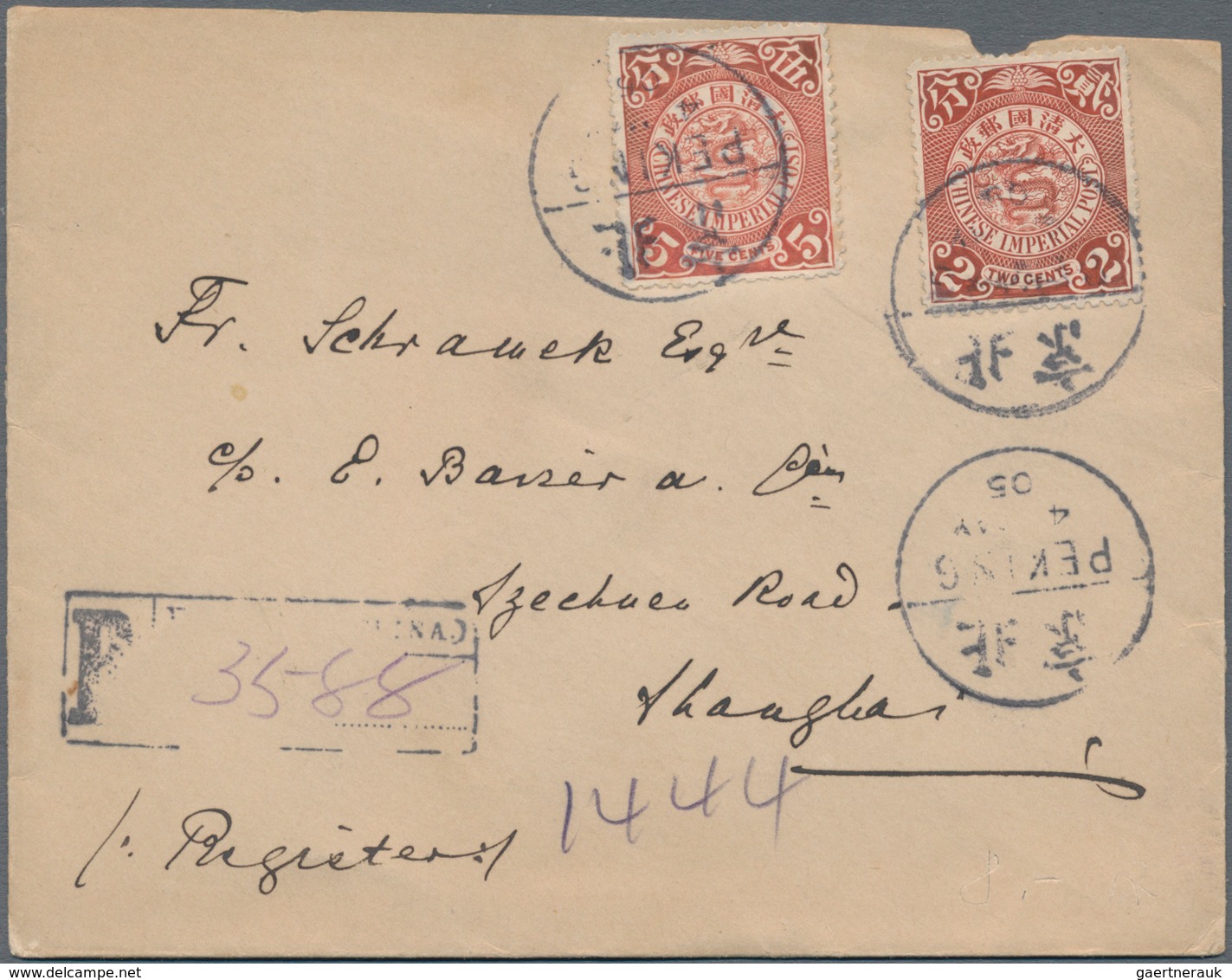 China: 1902/08, Registered Cover Addressed To Shanghai, Bearing Coiling Dragons 2c Red And 5c Salmon - Autres & Non Classés