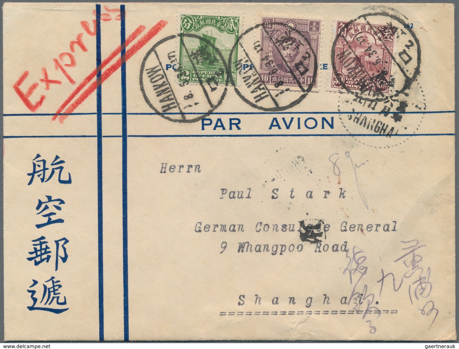 China: 1923/32, Junk 2 C., Reaper 30 C. And Martyr 10 C. Tied "HANKOW 5.6.34" To Express-air Mail Co - Autres & Non Classés