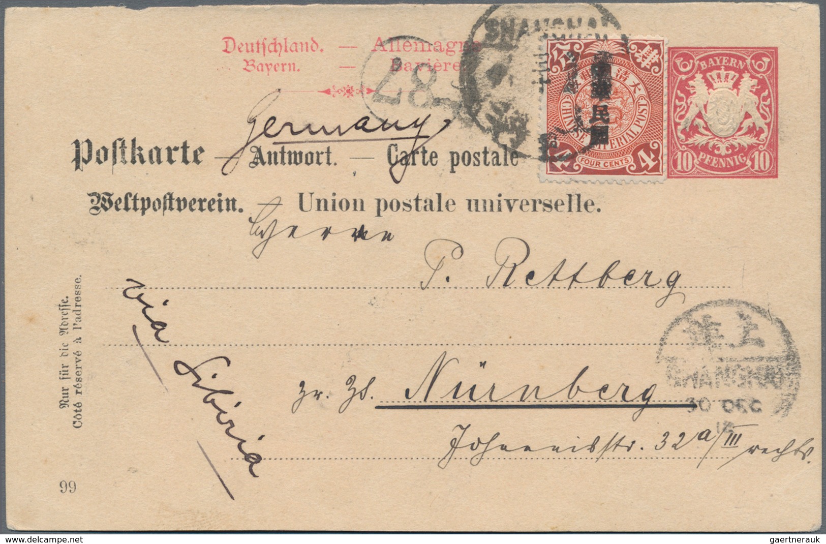 China: 1912, Waterlow Ovpt. 4 C. Tied Boxed Bilingual "SHANGHAI" To Bavaria UPU Reply Card 10 Pf. (f - Autres & Non Classés