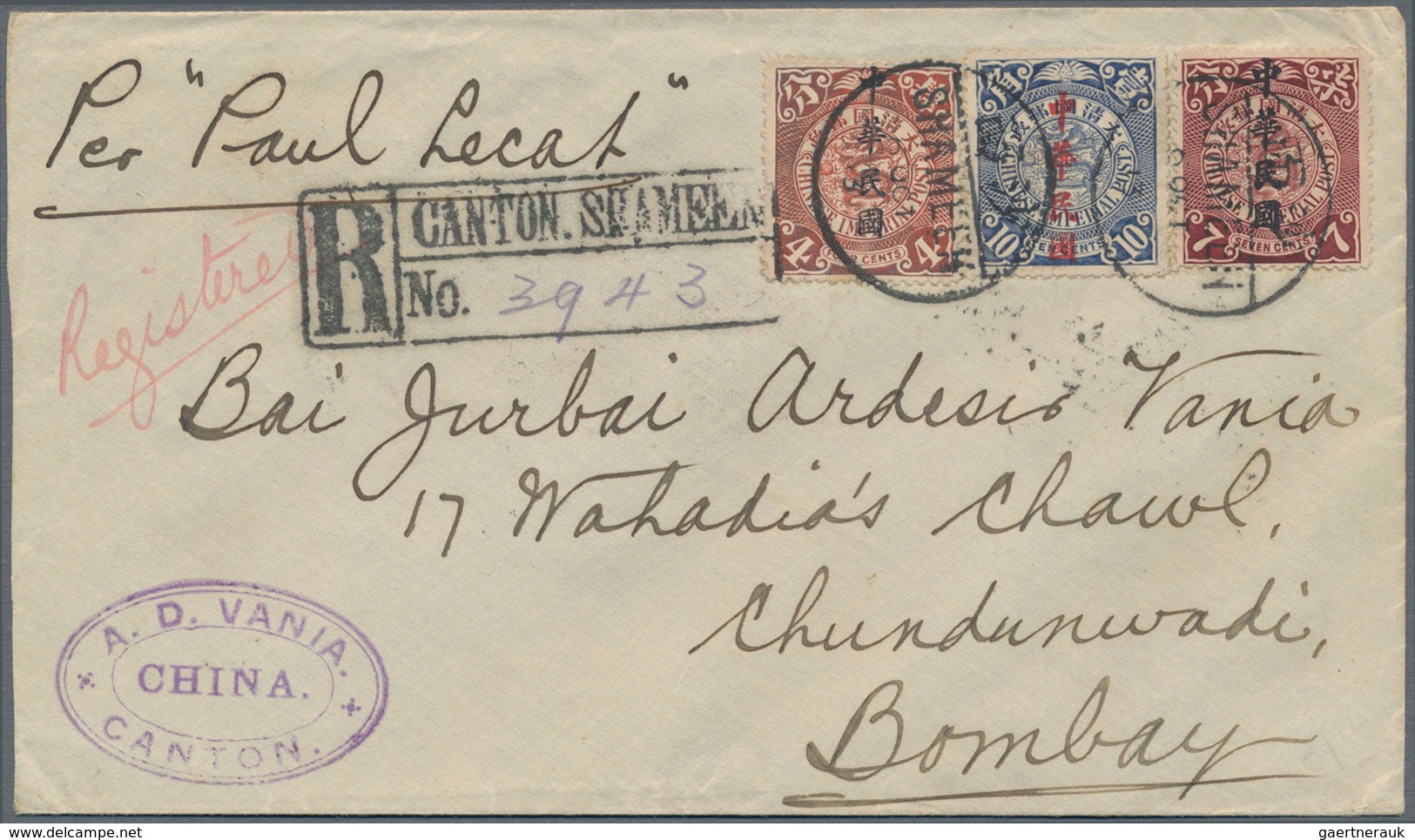 China: 1912, Waterlow Ovpt. 4 C., 7 C. And 10 C. Ultra Tied Bisected Bilingual "SHAMEEN 6 OCT 13" To - Autres & Non Classés