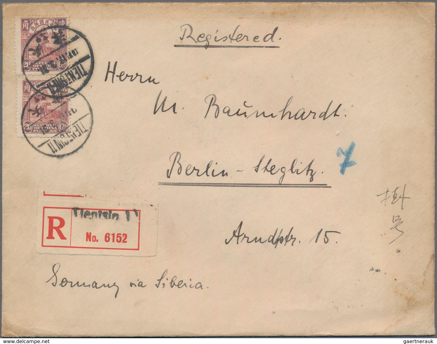 China: 1931. Registered Letter From Tientsin 17.3. To Berlin, Bearing 2x 20 C On Front And 10 C And - Autres & Non Classés