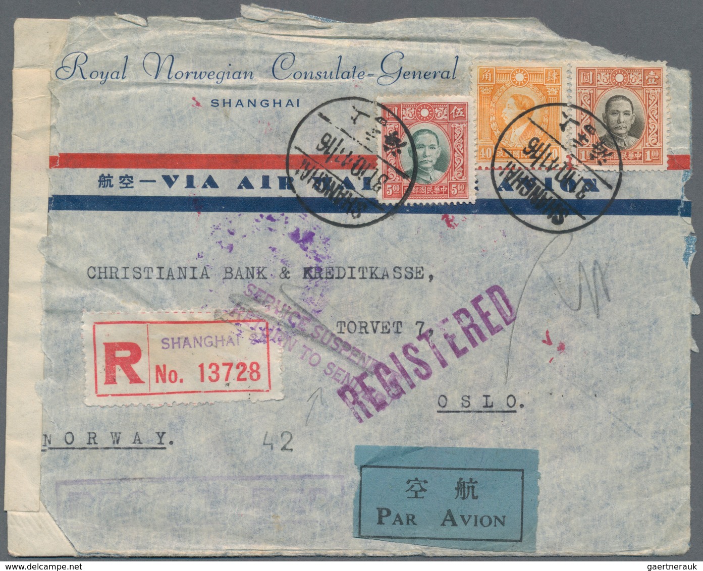 China: 1940/41, $6.40 Franking Tied "SHANGHAI 31.10.41" To Registered Clipper Air Mail Cover To Oslo - Autres & Non Classés