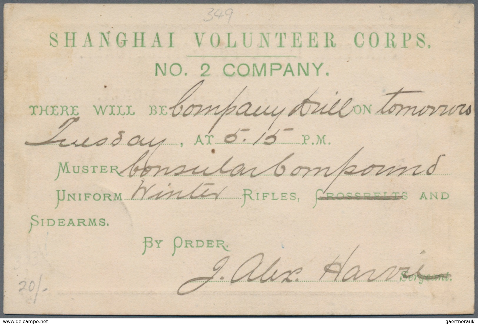 China - Shanghai: 1877, Green Card "For Use Of Volunteers Only" Marked Blue "SHANGHAI LOCAL POST J M - Autres & Non Classés