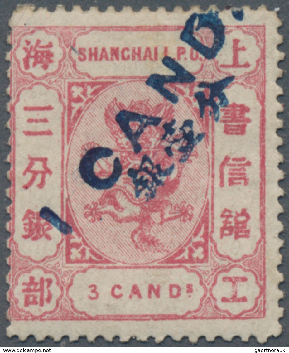 China - Shanghai: 1877, 1 Cand. In Blue On 3 Cds.rose, Unused Mounted Mint (Chan LS65; $600). - Autres & Non Classés