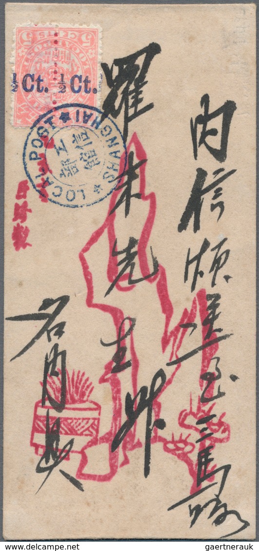 China - Shanghai: 1893, Surcharge Inverted: ½ C. On 5 C. Pink, A Horizontal Pair Tied "LOCAL POST SH - Autres & Non Classés