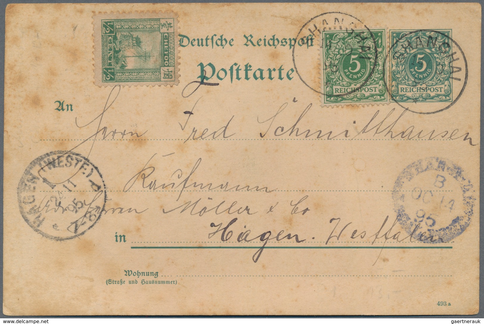 China - Shanghai: 1895: "LOCAL POST CHEFOO 11 OCT 95" Cds. On Reverse Of German Postcard 5 Pf With A - Autres & Non Classés