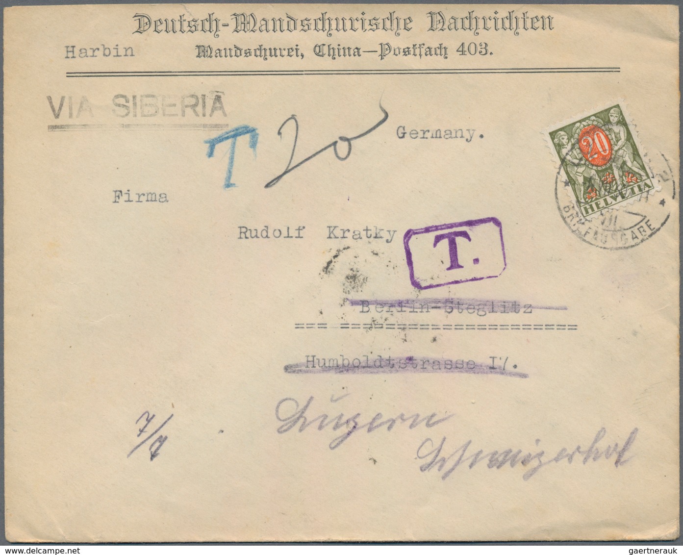 China - Provinzausgaben - Mandschurei (1927/29): 1930, Cover With Single Franking 10c. Blue On Rever - Mandchourie 1927-33