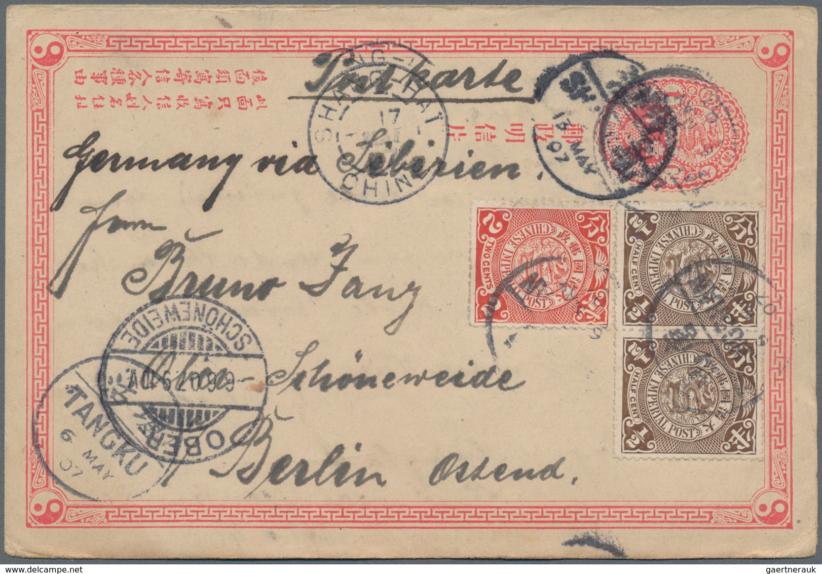 China - Ganzsachen: 1897, Card ICP 1 C. Uprated Coiling Dragon ½ C. (pair), 2 C. Carmine Tied Bisect - Cartes Postales