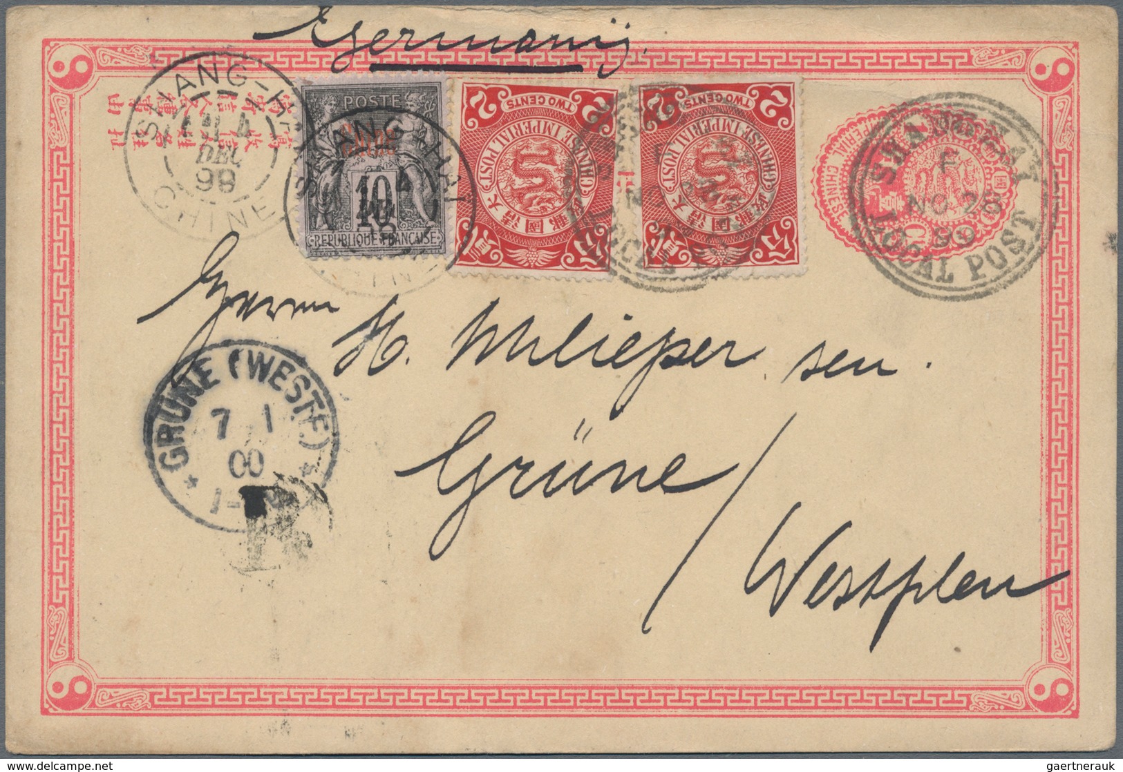 China - Ganzsachen: 1897, Card ICP 1 C. Uprated Coiling Dragon 2 C. (pair) Canc. Clear "SHANGHAI LOC - Ansichtskarten