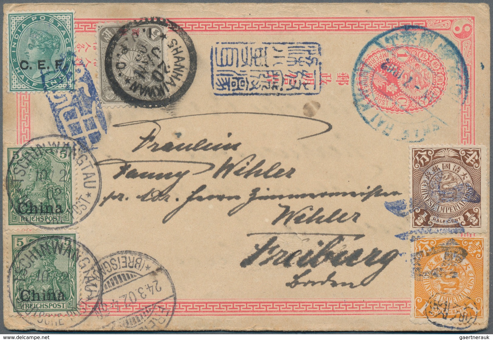 China - Ganzsachen: 1897, Card ICP 1 C. Canc. Blue Fancy "SHANHAIKWAN JAN 7 1902" With Japanese Offi - Cartes Postales