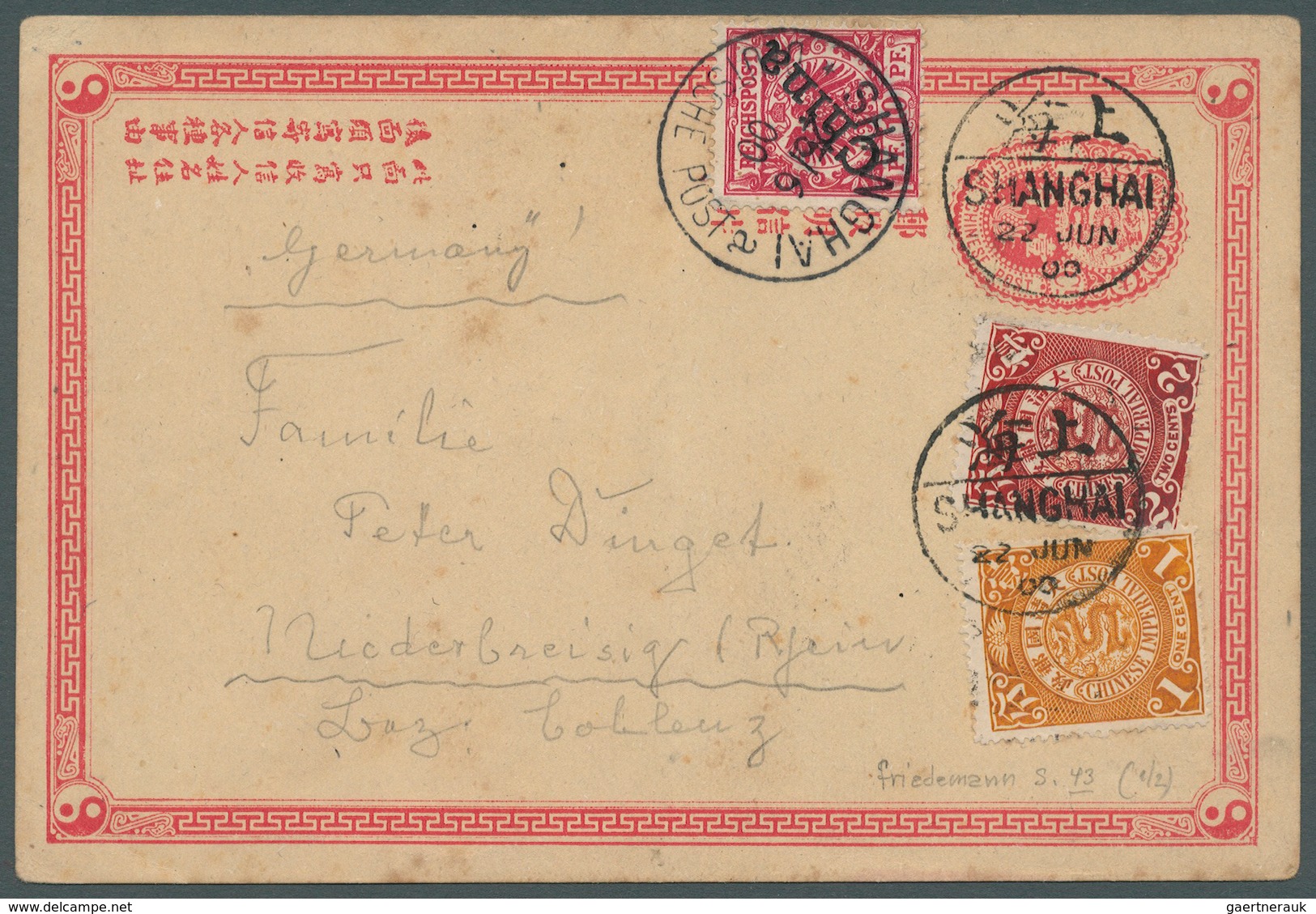 China - Ganzsachen: 1900, 1c Postcard To Germany (Han 1) Uprated By London Dragon 1c & 2c Tied By Sh - Ansichtskarten