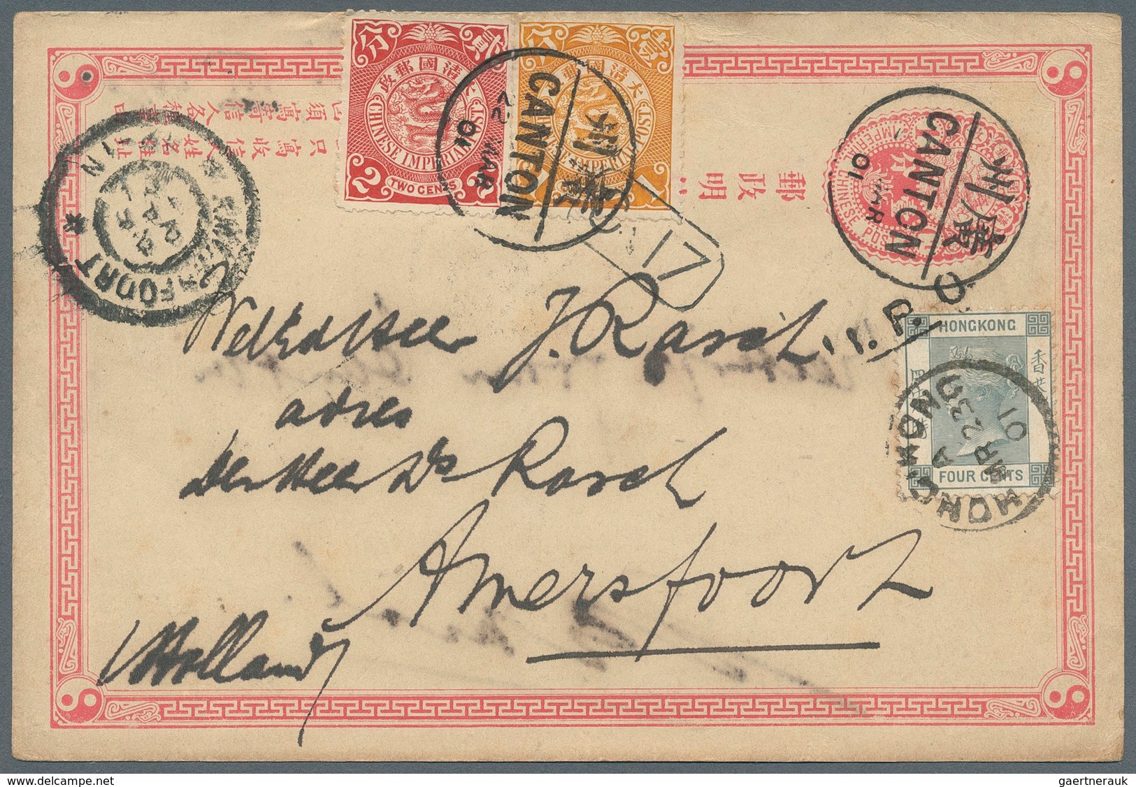 China - Ganzsachen: 1897, Card ICP Uprated Coiling Dragon 1 C., 2 C. Tied Bilingual "CANTON 22 MAR 0 - Ansichtskarten