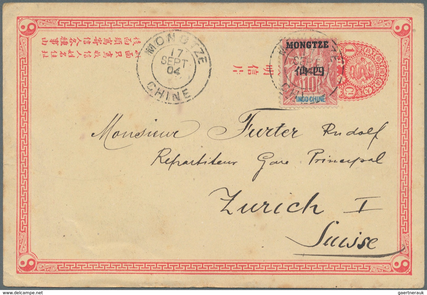 China - Ganzsachen: 1897, Card 1 C. ICP W. French Offices South China 4 F. / 10 C. "MONGTZE" Tied "M - Ansichtskarten