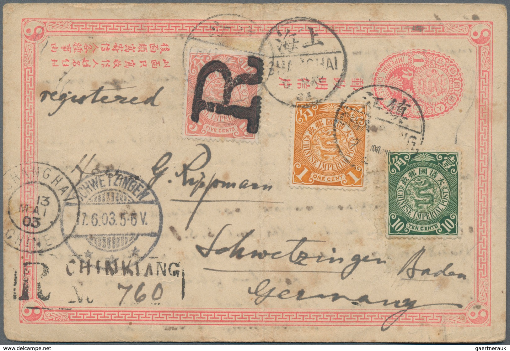 China - Ganzsachen: 1897, Card ICP 1 C. Uprated Coling Dragon 1 C., 5 C. Rrose And 10 C Green Tied B - Cartes Postales