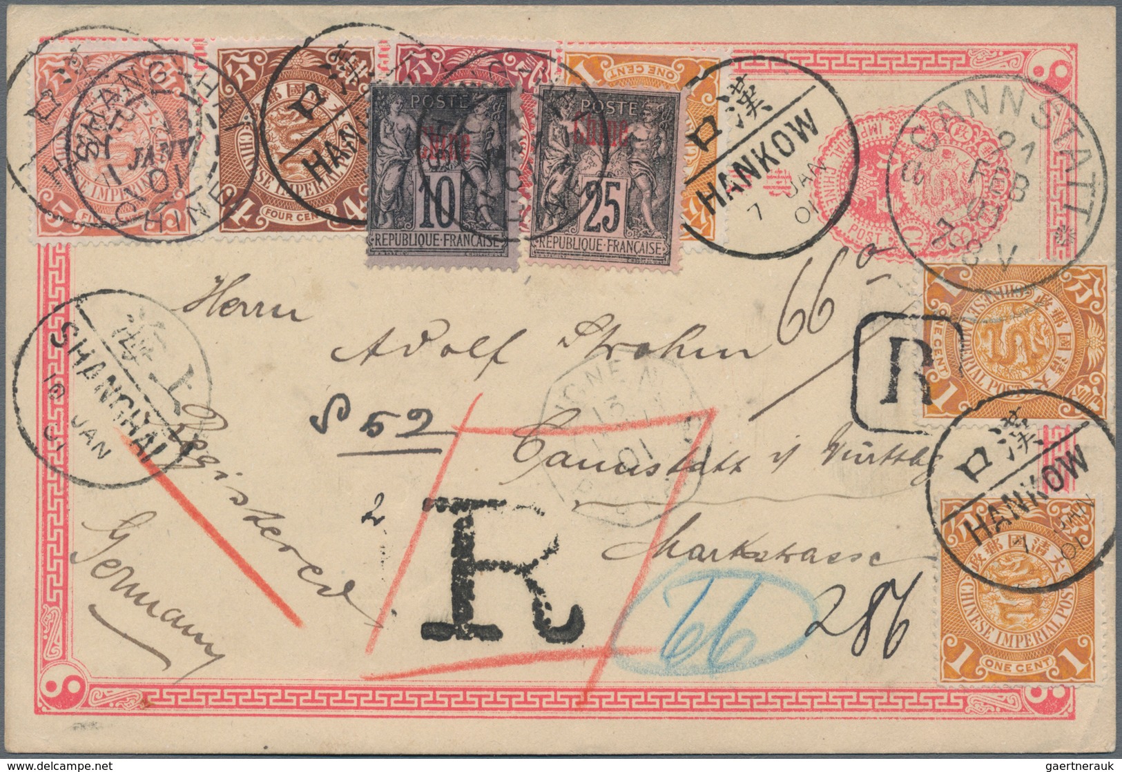 China - Ganzsachen: 1897, Card ICP 1 C. Uprated Coiling Dragon 1 C. (3), 2 C. Carmine, 4 C. Brown, 5 - Cartes Postales