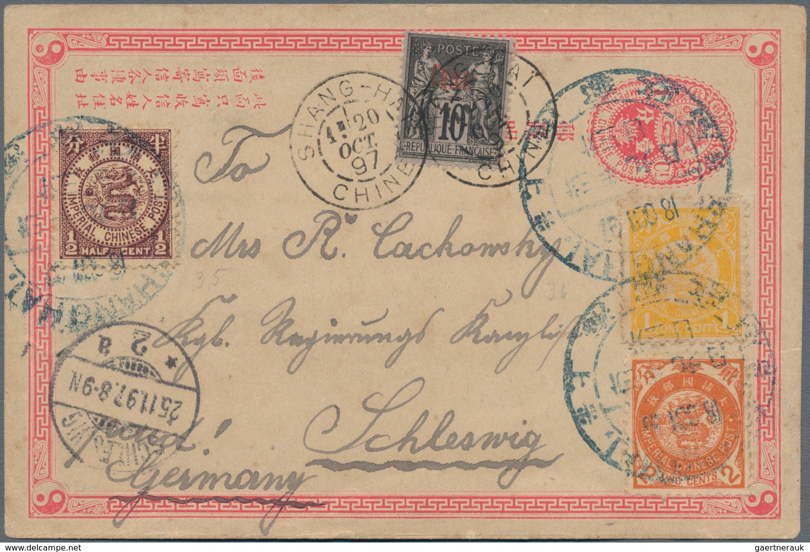 China - Ganzsachen: 1897, Card ICP 1 C. Uprated Tokyo Coiling Dragons ½ C., 1 C. And 2 C. Canc. Thre - Cartes Postales