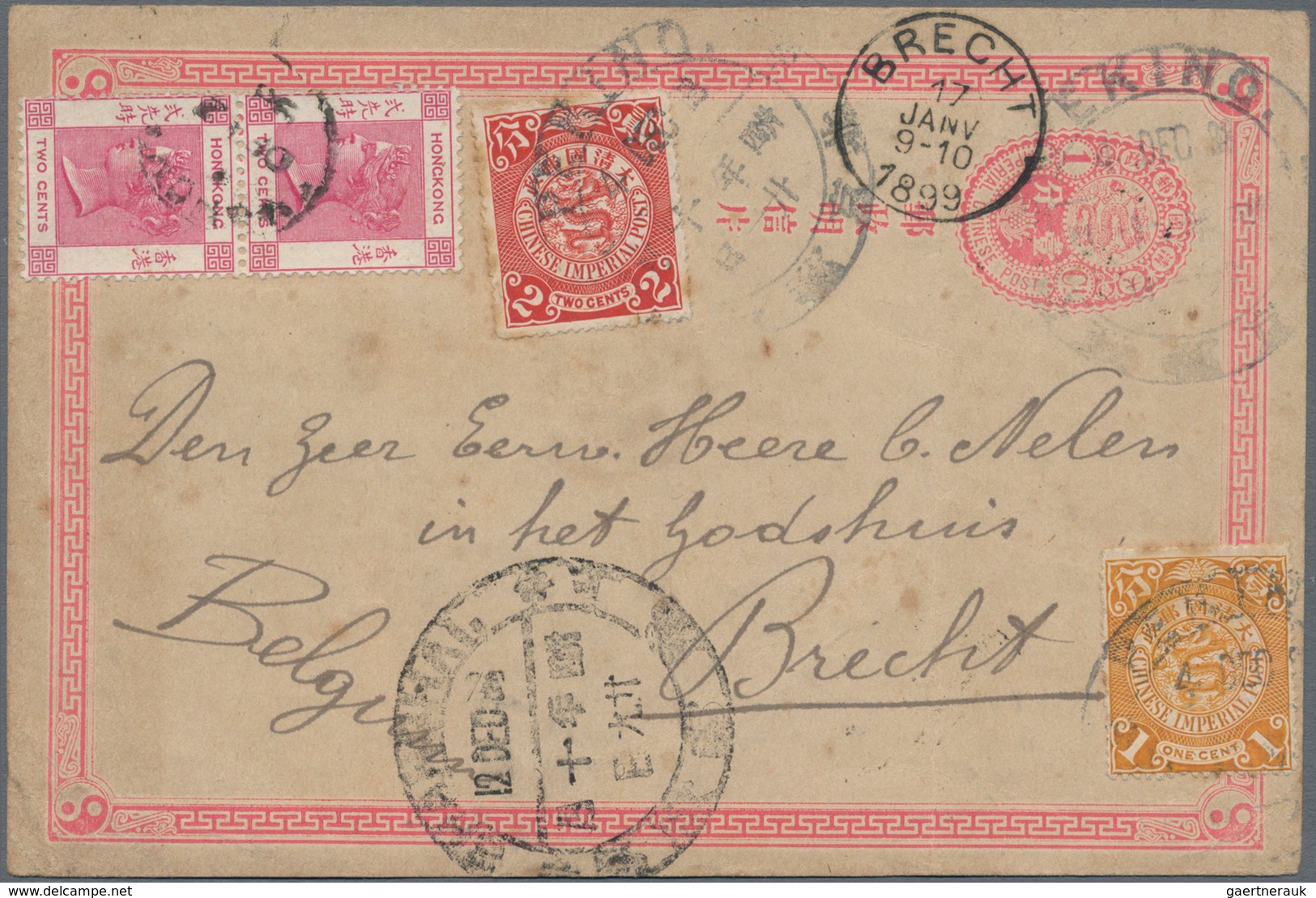 China - Ganzsachen: 1897, Stationery Card ICP 1 Cent Addressed To Brecht, Belgium, Bearing Coiling D - Cartes Postales