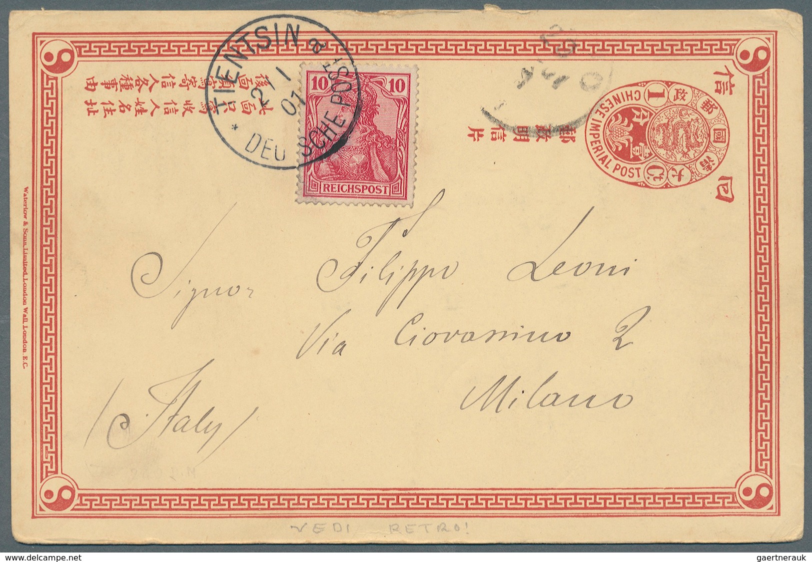 China - Ganzsachen: 1901, Chinese Stationery Card 1 Cent With Additional Franking Germania 10 Pf Fro - Cartes Postales