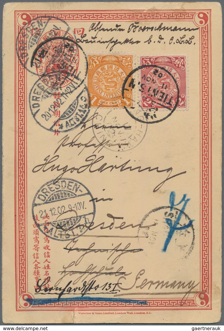 China - Ganzsachen: 1898, Card CIP 1 C. Reply Part Uprated Coiling Dragon 1 C., 2 C. Canc. "TIENTSIN - Cartes Postales