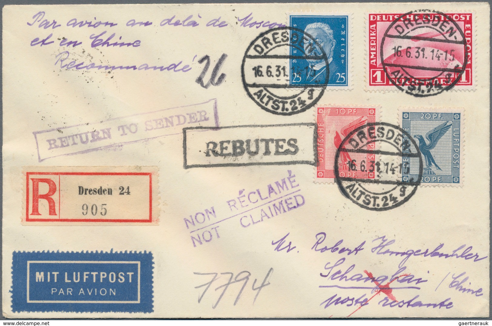 China - Flugpost: 1931, Incoming Airmail, Germany, Zeppeling 1 M. Etc. Total 1.55 M Tied "DRESEDEN 1 - Autres & Non Classés