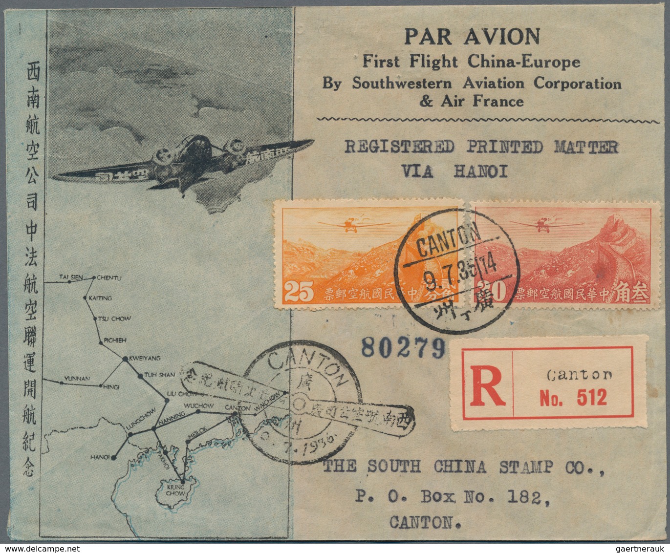 China - Flugpost: 1936, FFC China-Europe By SWAC & Air France, Great Wall Airmails 25 C., 30 C. Tied - Autres & Non Classés