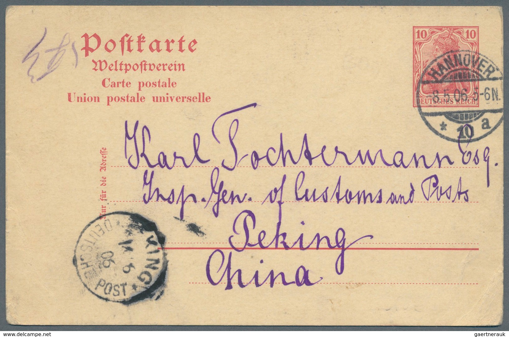China - Incoming Mail: 1899/1906, Germany, Correspondence Of UPU Cards (5, From Hannover And Area) T - Autres & Non Classés