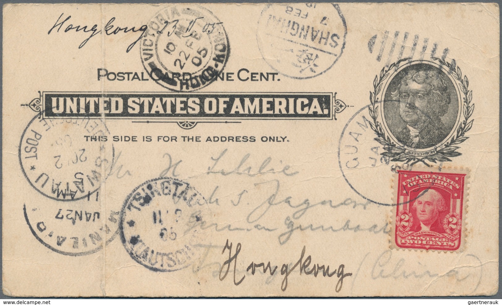 China - Incoming Mail: Guam, 1905, Statinery Card 1 C. Uprated 2 C. Canc. Duplex "GUAM JA 11 05" To - Autres & Non Classés