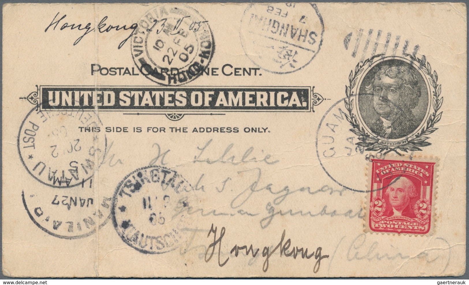 China - Incoming Mail: Guam, 1905, Statinery Card 1 C. Uprated 2 C. Canc. Duplex "GUAM JA 11 05" To - Sonstige & Ohne Zuordnung