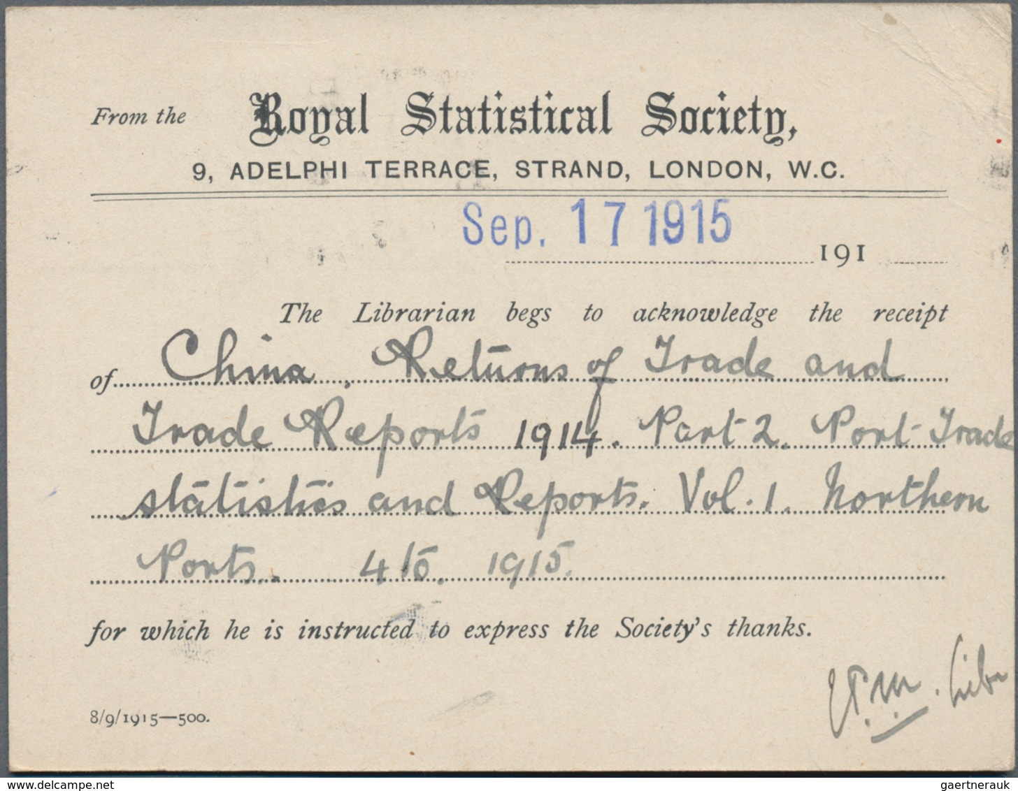 China - Incoming Mail: 1913/16, to IMC statistical department Shanghai, used stationery cards from U