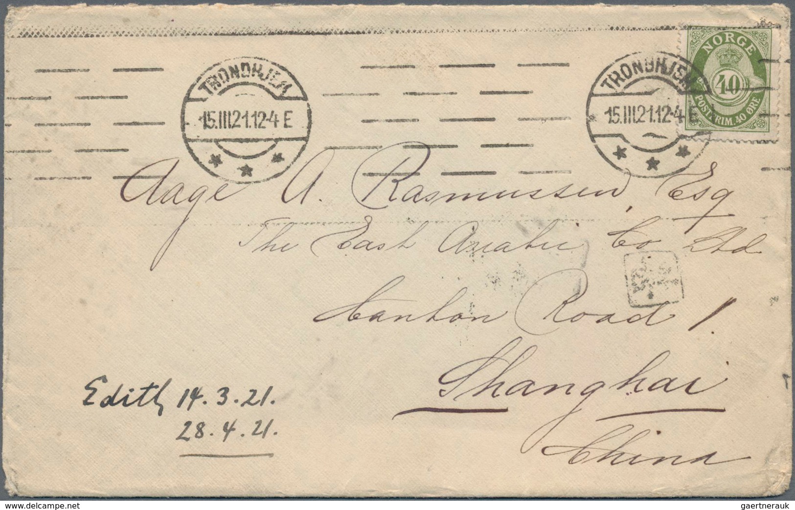 China - Incoming Mail: 1921, Letter From Trondheim/Norway To SHANGHAI With Frame Postmark On Backsid - Sonstige & Ohne Zuordnung