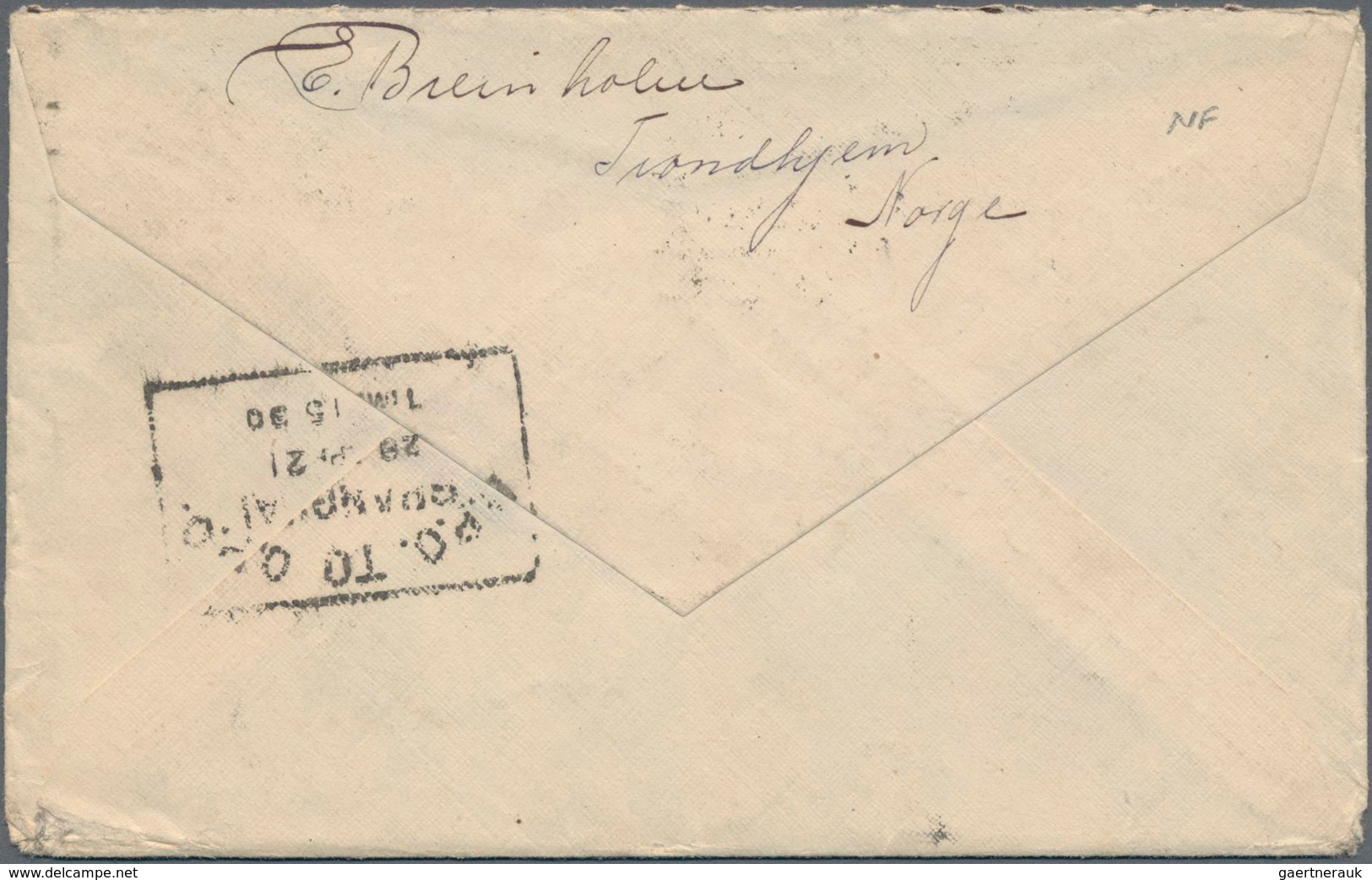 China - Incoming Mail: 1921, Letter From Trondheim/Norway To SHANGHAI With Frame Postmark On Backsid - Sonstige & Ohne Zuordnung