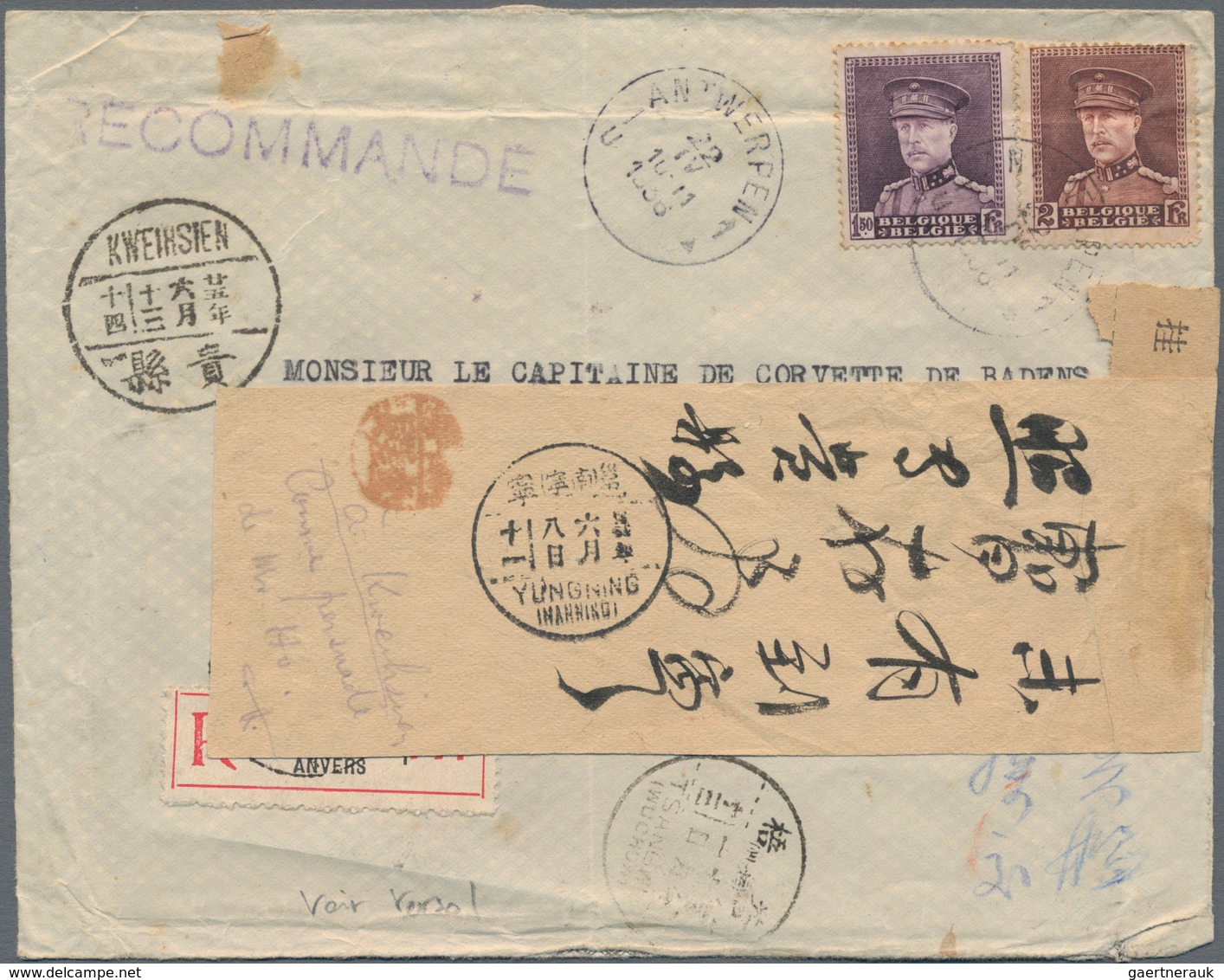 China - Incoming Mail: 1936, Belgium 1.50 Fr., 2 Fr. Canc. "ANTWERP 22 IV 1936" To Registered Cover - Sonstige & Ohne Zuordnung