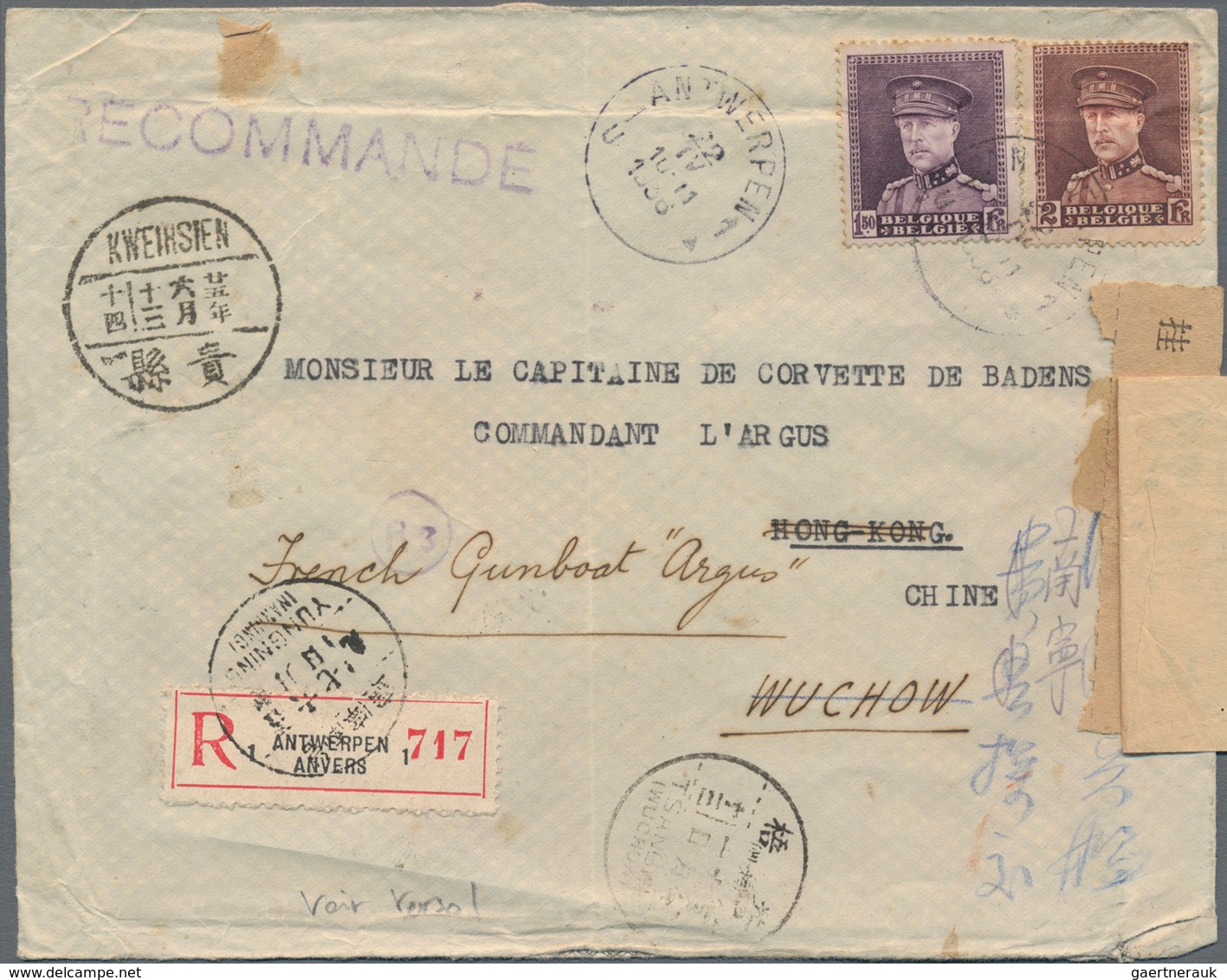 China - Incoming Mail: 1936, Belgium 1.50 Fr., 2 Fr. Canc. "ANTWERP 22 IV 1936" To Registered Cover - Autres & Non Classés