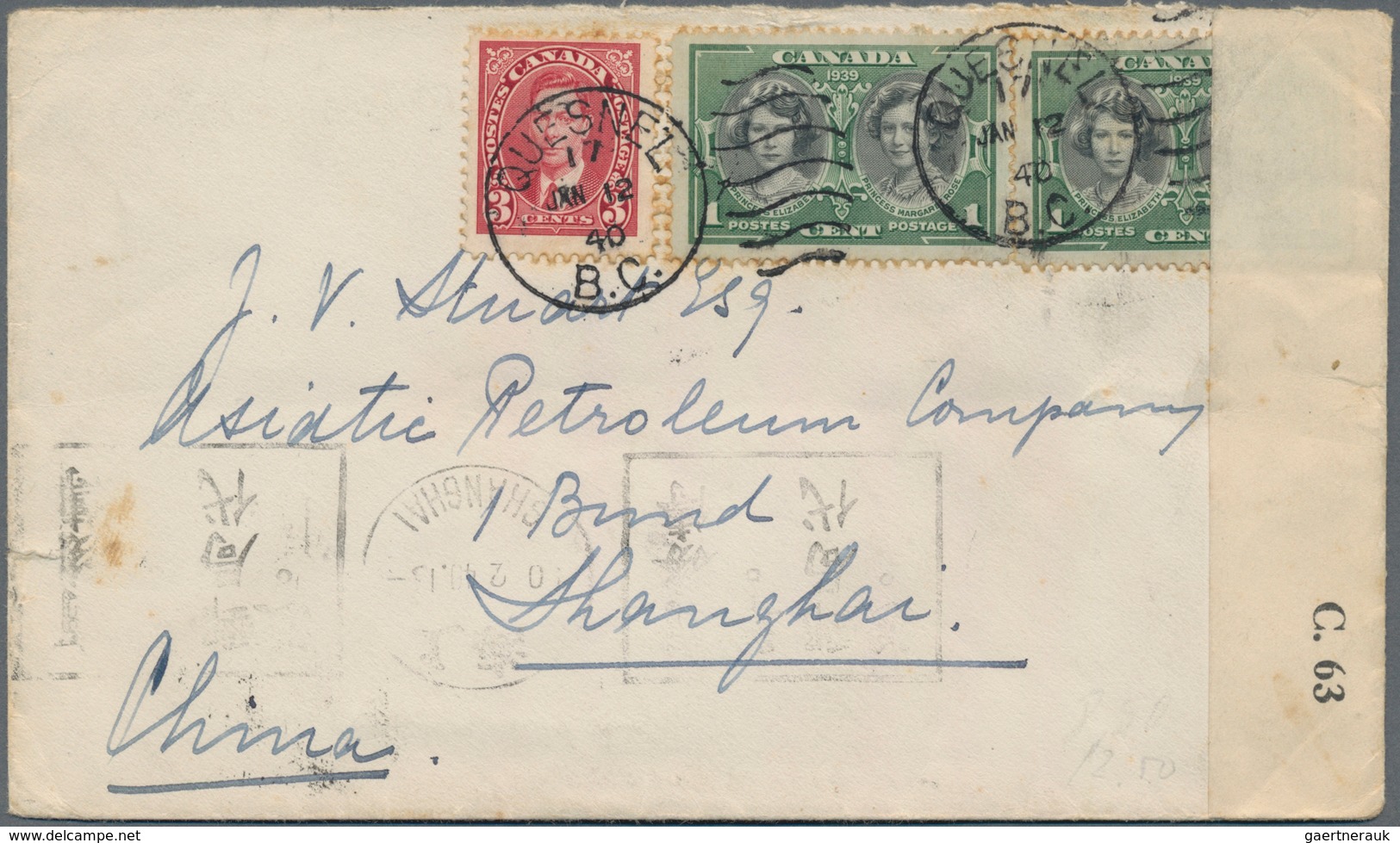 China - Incoming Mail: 1940, Canada, 5 C. Franking Tied "QUEBEC JAN 12 40" To Cover To Shanghai, Can - Autres & Non Classés