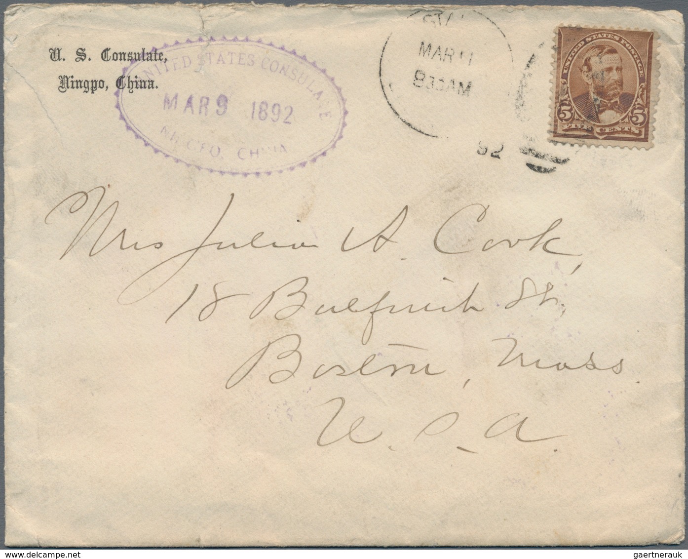 China - Fremde Postanstalten / Foreign Offices: USA, 1892, Oval Violet "UNITED STATES CONSULATE NING - Autres & Non Classés
