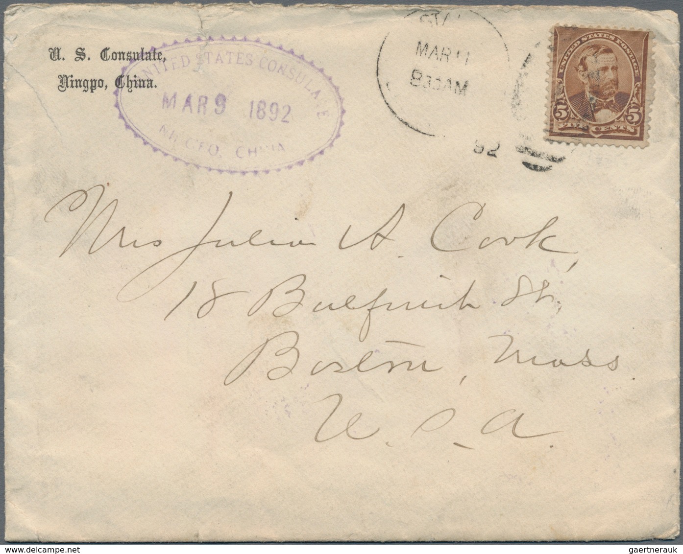 China - Fremde Postanstalten / Foreign Offices: USA, 1892, Oval Violet "UNITED STATES CONSULATE NING - Sonstige & Ohne Zuordnung