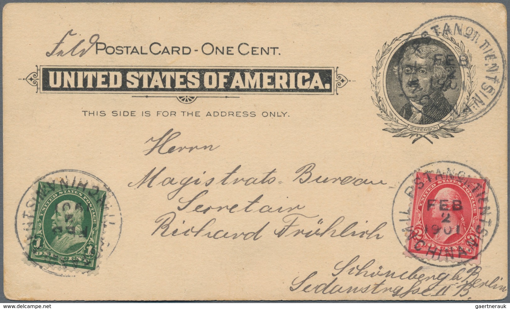 China - Fremde Postanstalten / Foreign Offices: 1901, USA Stationery Card 1 C. Uprated 1 C. Green An - Autres & Non Classés