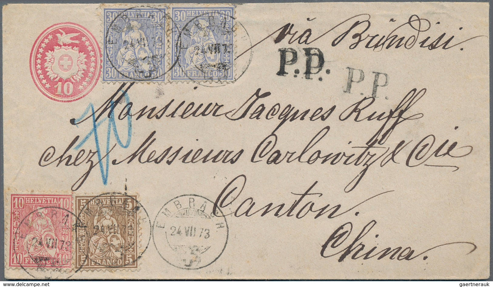 China - Besonderheiten: 1873 Swiss Postal Stationery Envelope "Tübli" 10c. Red Used From Embrach To - Sonstige & Ohne Zuordnung