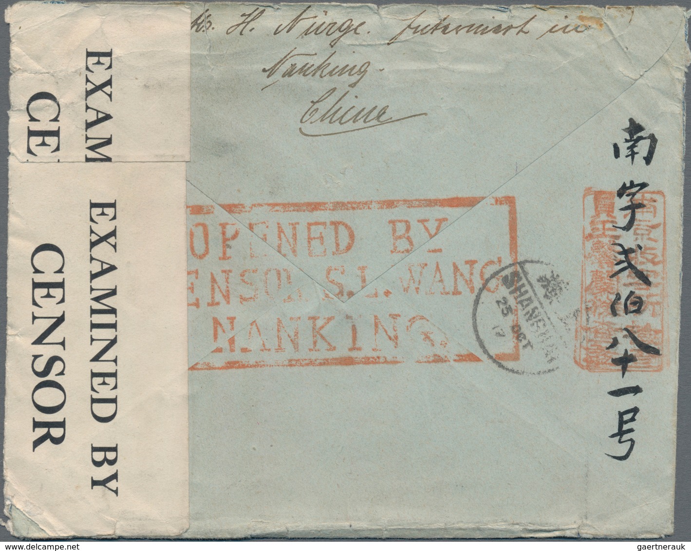 China - Besonderheiten: 1917, Stampless POW Mail Cover Nanking-New York, On Reverse Boxed Vermilion - Autres & Non Classés