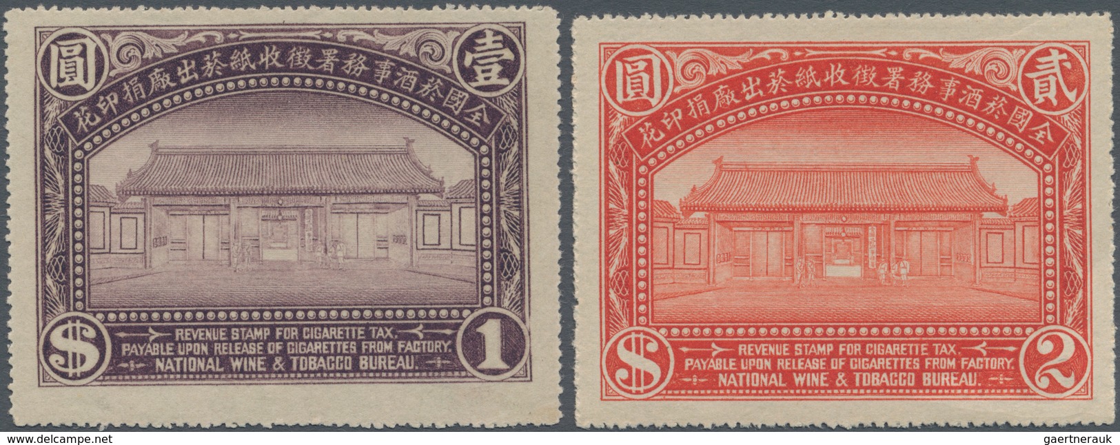 China - Besonderheiten: 1920 (ca.?), Two Revenue Stamps $1 Violet And $2 Red For Cigarette Tax Of Th - Autres & Non Classés