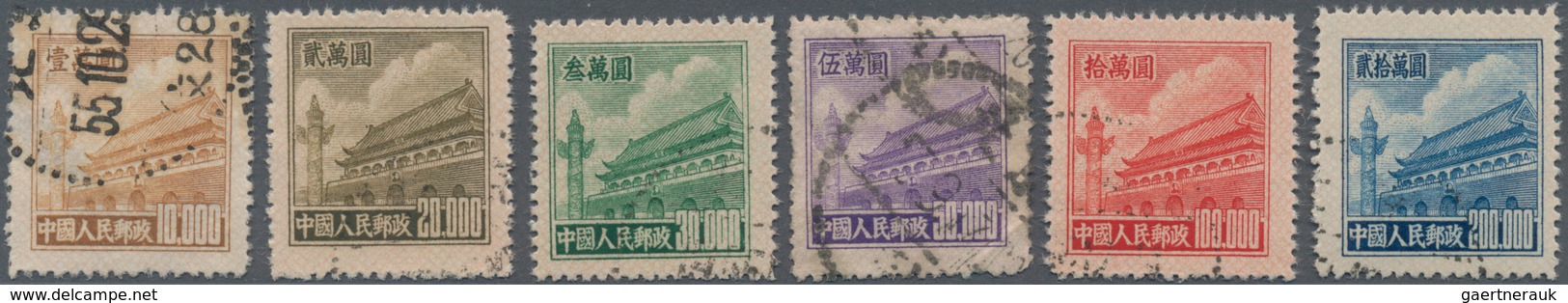 China - Volksrepublik: 1951, Tiananmen Difinitives (R5), Set Of 6, Used, Michel 100 ($10,000) Thinne - Storia Postale