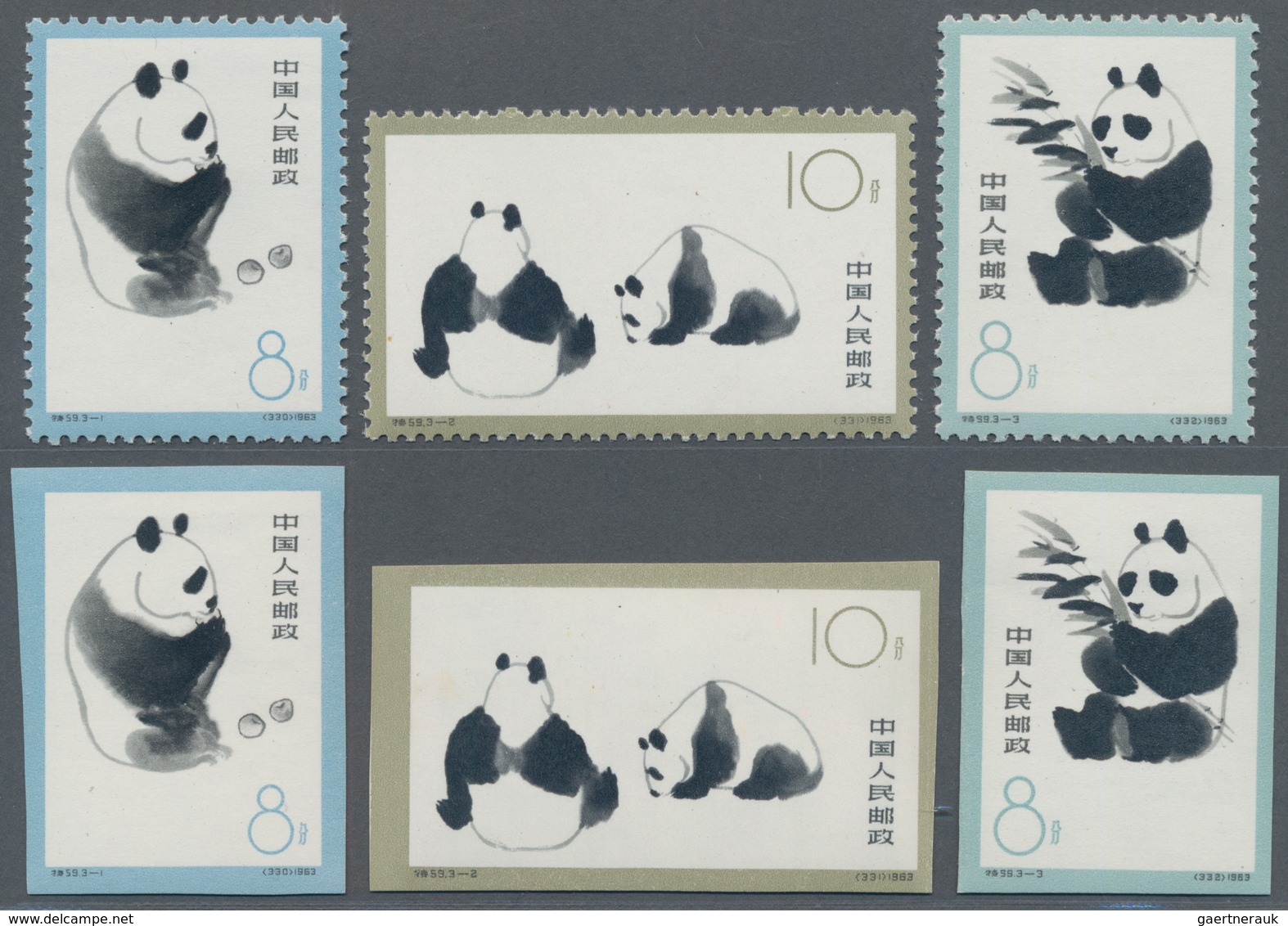 China - Volksrepublik: 1963, Giant Pandas (S59), 2 Complete Sets Of 3, Both Perforated And Imperfora - Lettres & Documents